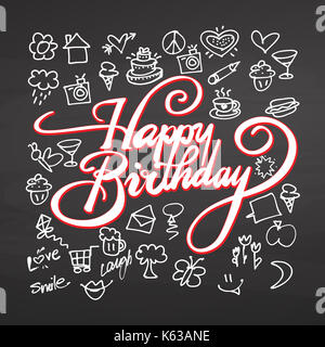 Happy birthday lettering and doodles on chalkboard, handdrawn vector sketch, clean outlines, vintage style blackboard. Stock Photo