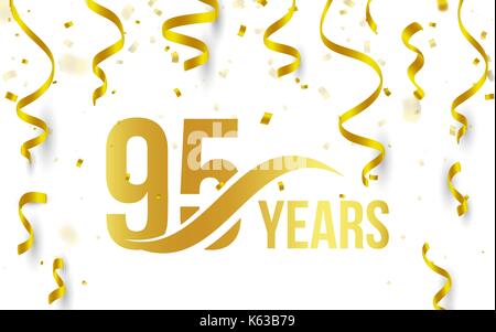 Isolated golden color number 95 with word years icon on white background with falling gold confetti and ribbons, 95th birthday anniversary greeting logo, card element, vector illustration Stock Vector