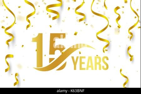 Isolated golden color number 15 with word years icon on white background with falling gold confetti and ribbons, 15th birthday anniversary greeting logo, card element, vector illustration Stock Vector
