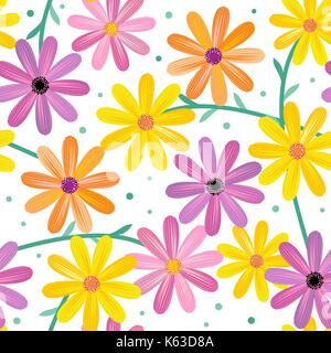 Seamless (repeatable} gerbera daisy flowers pattern, background, wallpaper, print or swatch on white backdrop. No gradients used, flat colors only. Stock Vector