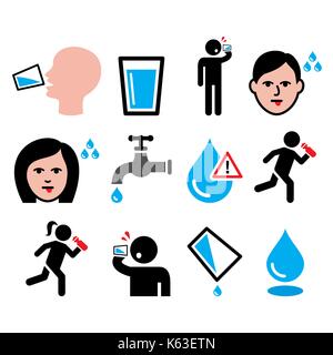 Thirsty man, dry mouth, thirst, people drinking water icons set Stock Vector