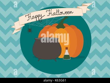 inscription halloween, pumpkin and witch's kettle on blue zigzag background Stock Vector