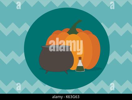 pumpkin and bowler hat on blue zigzag background Stock Vector