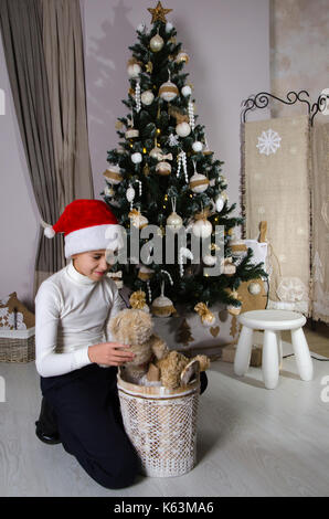 Smiling boy in white sweater and Santa red hat near decorated Christmas tree. Boy is taking out the brown teddy bear from the basket. Stock Photo