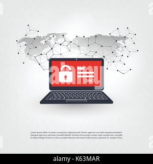 Network Vulnerability, Locked Device, Encrypted Files, Lost Documents, Ransomware Attack - Virus, Malware, Fraud, Spam, Phishing, Email Scam, Hacking Stock Vector