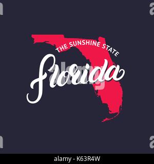 Florida state hand written lettering word and map for tee print, card and poster. Isolated on background. Vector illustration. Stock Vector