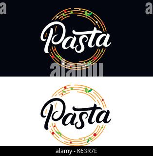 Pasta hand written lettering logo, label, badge, emblem. Modern calligraphy for italian food. Spaghetti pasta circle. Vintage retro style. Isolated on Stock Vector