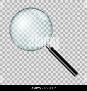 Magnifying glass with steel frame isolated. Realistic Magnifying glass lens for zoom on checkered background. vector illustration Stock Vector