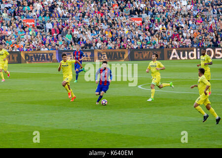 Leo Messi attacks with ball - 6/5/17 Barcelona v Villarreal football league match at the Camp Nou stadium, Barcelona. Stock Photo