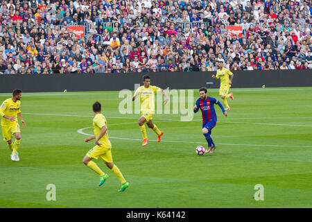 Leo Messi attacks with ball - 6/5/17 Barcelona v Villarreal football league match at the Camp Nou stadium, Barcelona. Stock Photo