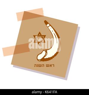 festive sticker with the image of shafar and the star of David. Greeting text Shana tova on Hebrew - Have a sweet year. Stock Vector