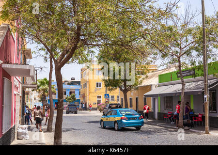CAPE VERDE SAL Cape verde street in capital city Espargos, taxi and local people shopping  Espargos, Santa Maria, Sal island, Cape Verde, Africa Stock Photo