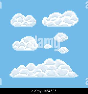 Pixel clouds. Retro 8 bit blue sky aerial cloud pixel art background ...