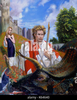 SAINT GEORGE, THE LADY AND THE DRAGON-oil on linen, 2006, Dimensions: 127x102 Allegory of Prince William, as England's patron saint, swathed in the Flag of St. George standing in front of Arundel Castle holding a broken lance. In the foreground the head of the dragon, a Anchiceratops dinosaur, nostrils flaming. The lady standing behind St George, slightly resembles the Duchess of Cambridge. The fields are covered with poppies. Stock Photo