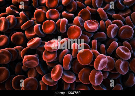 Close-up of image of oxygen carrying Red Blood Cells (Erythrocytes) piled up, full frame, SEM (Scanned Electron Microscope) color stylized depiction.