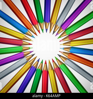 Arts and crafts central design with color pencils as a creative abstract circular graphic with center blank area as a 3D illustration. Stock Photo