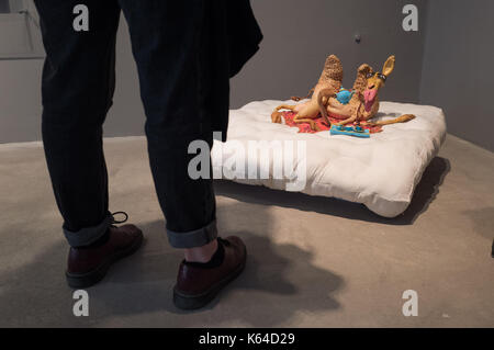 Berlin, Germany. 11th Sep, 2017. View of the figure 'Delights of an Undirected Mind' of the artists Nathalie Djurberg and Hans Berg at the museum Frieder Burda in Berlin, Germany, 11 September 2017. The exhibition is taking place as part of the Berlin Art Week, which will be held from the 13th to the 17th of September 2017. (ATTENTION EDITORS: EDITORIAL USE ONLY IN CONNECTION WITH CURRENT REPORTING/MANDATORY CREDIT: 'Jörg Carstensen/dpa') Photo: Jörg Carstensen/dpa/Alamy Live News Stock Photo