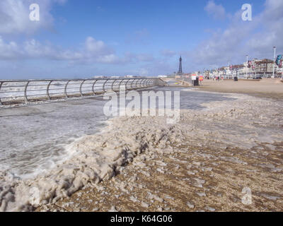 Blackpool, UK. 11th Sep, 2017. UK weather. Strong to gale force winds affecting the Lancashire coastal resort town of Blackpool today. The gales have created large puddles of sea foam along the promenade in the central and south shore areas of the resort. Conditions are expected to improve and a brief respite before a rapidly developing storm is forecast to hit the area late Tuesday night and the early hours of Wednesday morning. The met office has issued a yellow warning for the event. Credit: Gary Telford/Alamy Live News Stock Photo