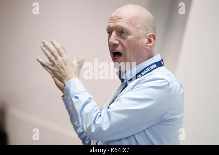 Brighton, UK. 11th Sep, 2017. Matt Wrack, General Secretary of the Fire Brigades Union, FBU, speaks during a fringe meeting about 'Pay and Privatisation' at the Trades Union Congress TUC conference 2017 in Brighton, UK, Monday September 11, 2017. Credit: Luke MacGregor/Alamy Live News Stock Photo