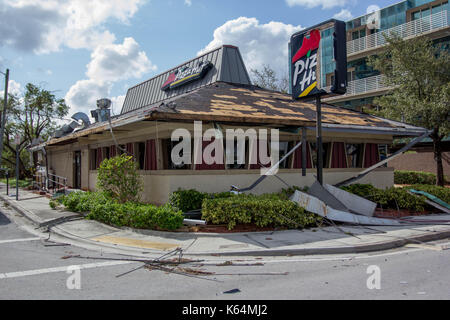 Miami, Florida, USA. 11th Sep, 2017. A Pizza Hut restaurant heavily damaged by Hurricane Irma is seen in Miami, Florida, Monday, September 11, 2017. Credit: Michael Candelori/Alamy Live News Stock Photo