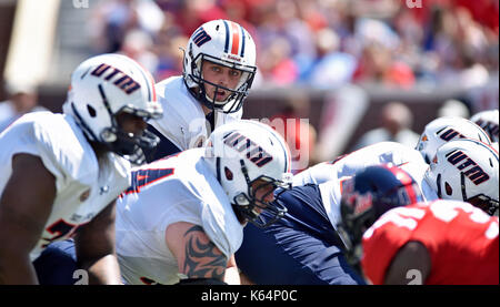 Oxford, MS, USA. 9th Sep, 2017. Tennessee-Martin quarterback Troy Cook (center) goes under center during the second quarter of a NCAA college football game against Mississippi at Vaught-Hemmingway Stadium in Oxford, MS. Mississippi won 45-23. Austin McAfee/CSM/Alamy Live News Stock Photo
