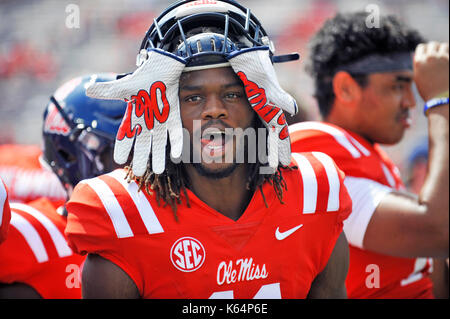 Oxford, MS, USA. 9th Sep, 2017. Mississippi receiver Markell Pack celebrates a win over Tennessee-Martin following a NCAA college football game at Vaught-Hemmingway Stadium in Oxford, MS. Mississippi won 45-23. Austin McAfee/CSM/Alamy Live News Stock Photo
