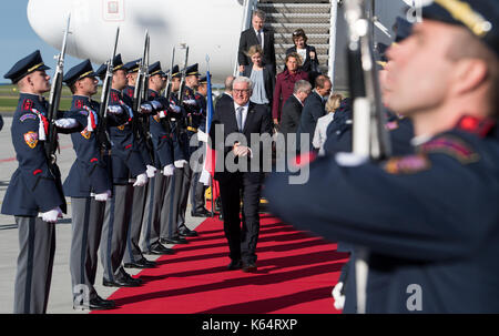 Prague, Czech Republic. 12th Sep, 2017. German president Frank-Walter Steinmeier arrives at the airport in Prague, Czech Republic, 12 September 2017. The German president will be in the Czech Republic's capital for an one-day inaugural visit. Photo: Bernd von Jutrczenka/dpa/Alamy Live News Stock Photo