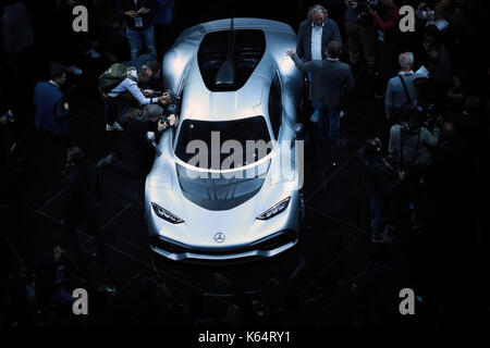 Frankfurt, Germany. 11th Sep, 2017. People view a Mercedes AMG Project One car during a preview night for the media on the eve of the opening of the Internationale Automobil Ausstellung (IAA) motor show in Frankfurt am Main, west Germany, Sept. 11, 2017. Credit: Luo Huanhuan/Xinhua/Alamy Live News Stock Photo