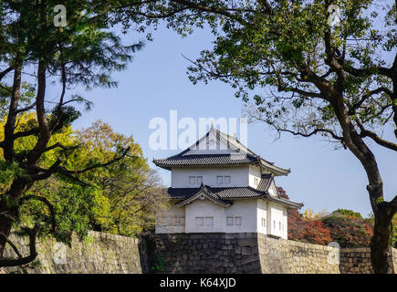 A palace at the Osaka Castle in Osaka, Japan. The construction of Osaka Castle started in 1583 on the former site of the Ishiyama Honganji Temple. Stock Photo