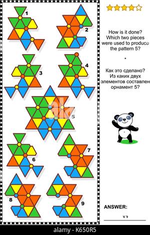 IQ training abstract visual puzzle: How is it done? Which two pieces were used to produce the pattern 5? Answer included. Stock Vector