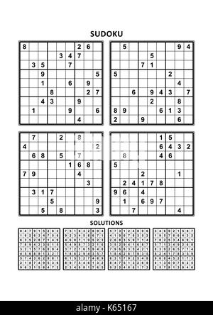 Four sudoku puzzles of comfortable (easy, yet not very easy) level, on A4 or Letter page, suitable for large print books, answers included. Set 4. Stock Vector