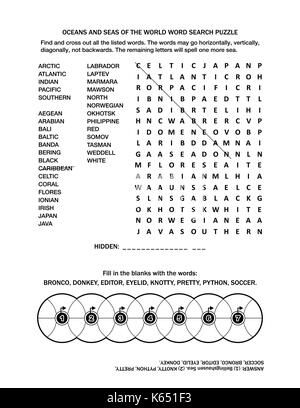 Puzzle page with two word games (English language). Oceans and seas of the world word search puzzle and fill the wheels. Black and white. Stock Vector