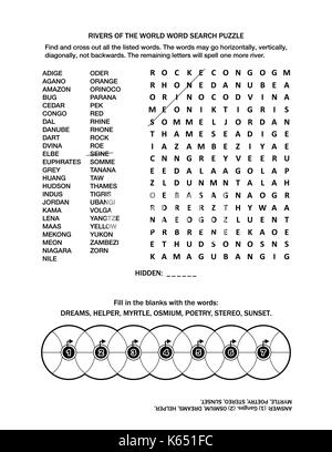 Puzzle page with two word games (English language). Rivers of the world word search puzzle and fill the wheels. Black and white. Stock Vector