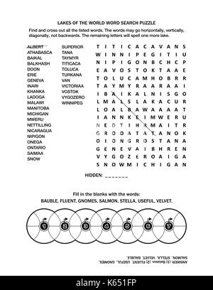 Puzzle page with two word games (English language). Lakes of the world word search puzzle and fill the wheels. Black and white, A4 or letter sized. Stock Vector