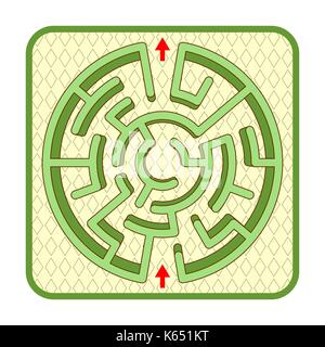 Abstract three-dimensional circle shaped hedge maze game template, top view, ready for use. Or add legend text and cartoon characters, if needed. Stock Vector