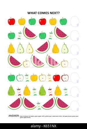 Fruit and berry themed educational logic game training sequential pattern recognition skills: What comes next in the sequence? Answer included. Stock Vector