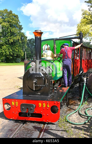 Bressingham gardens engine driver tops up water tank steam engine locomotive George Sholto number 994 waiting to transport visitors around gardens UK Stock Photo