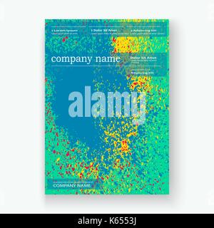 Neon colorful explosion paint splatter artistic covers design. Decorative bright texture splash spray on turquoise backgrounds. Trendy template vector Stock Vector