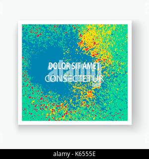 Neon colorful explosion paint splatter artistic covers design. Decorative bright texture splash spray on turquoise backgrounds. Trendy template vector Stock Vector