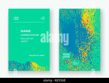 Neon colorful explosion paint splatter artistic covers design. Decorative bright texture splash spray on turquoise backgrounds. Trendy template vector Stock Vector