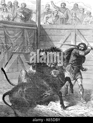 Pepin le Bref or Pepin the Younger, killing a lion, story from Gesta Caroli Magni by Notker the Stammerer Stock Photo