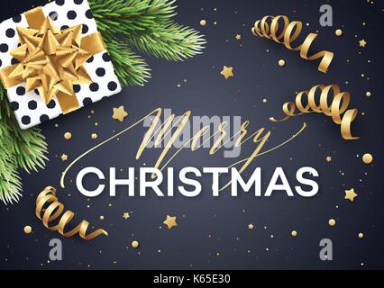 Christmas background with gift box with gold bow, streamers, confetti, a sprig of Christmas tree. Template for postcard, booklet, leaflets, poster. Vector illustration Stock Vector
