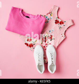 Flat Lay Shot Of Female Holiday Clothing And Accessories Stock Photo