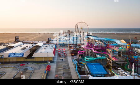 WILDWOOD, NEW JERSEY, USA - SEPTEMBER 5, 2017: Aerial view of the the Moreys Piers and Beachfront Water Parks complex in Wildwood, New Jearsey on the  Stock Photo