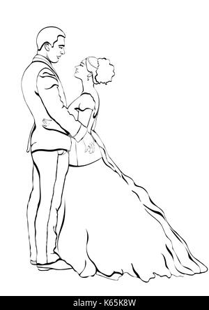 Bride and groom outline cartoon, vector contour drawing, coloring book, sketch. Couple in love hugging looking at each other, dressed in a wedding dre Stock Vector