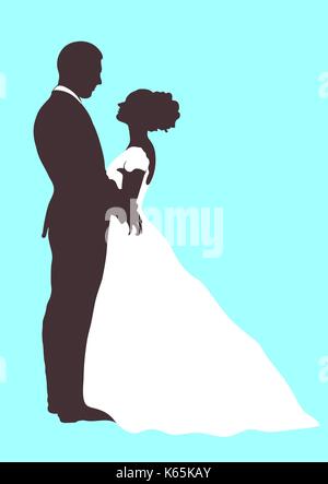 Bride and groom silhouette, vector icon, outline cartoon contour drawing. Couple in love hugging looking at each other, dressed in a wedding white dre Stock Vector