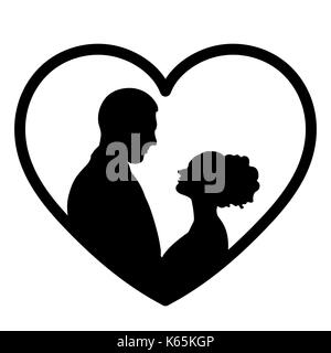 Couple in love silhouette, vector flat icon, logo, bride and groom outline drawing. Contours of loving men and women looking at each other in the hear Stock Vector