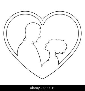 Couple in love outline, vector flat icon, logo, bride and groom silhouette drawing. Contours of loving men and women looking at each other in the hear Stock Vector
