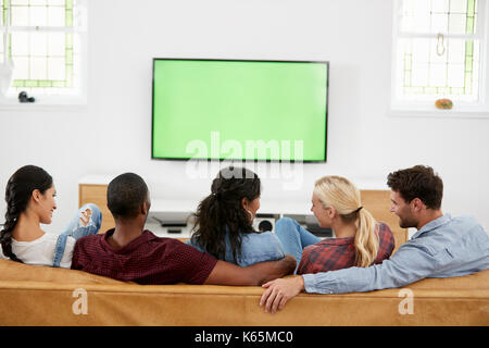 Rear View Of Group Of Young Friends Watching Television Together Stock Photo