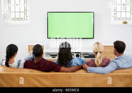 Rear View Of Group Of Young Friends Watching Television Together Stock Photo